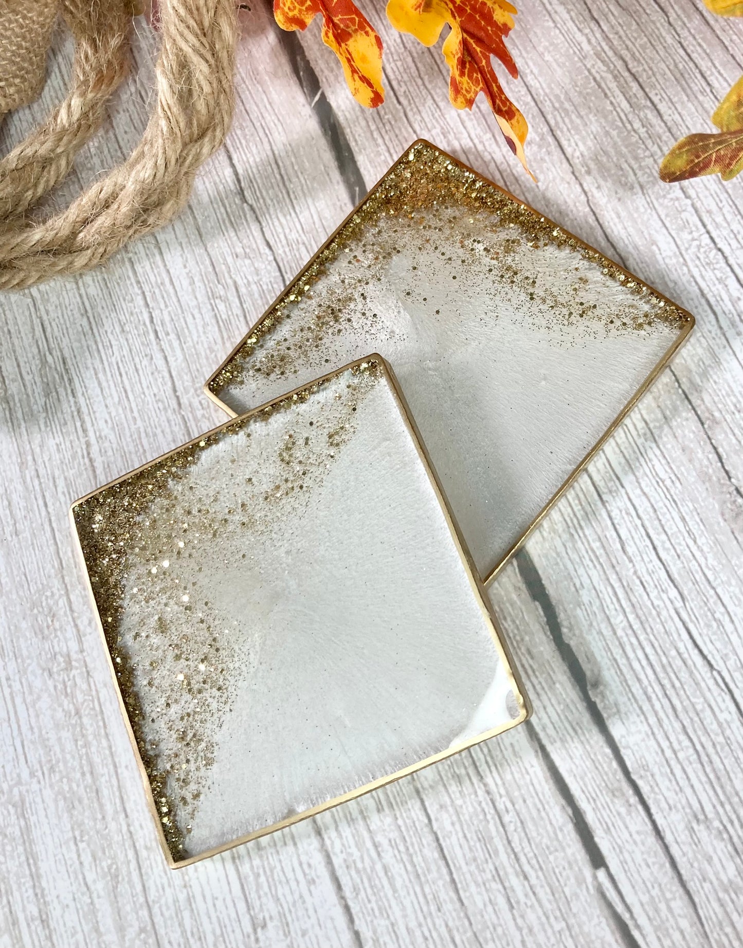 Square Coaster | Gold glitter & Cream Resin | Corner design