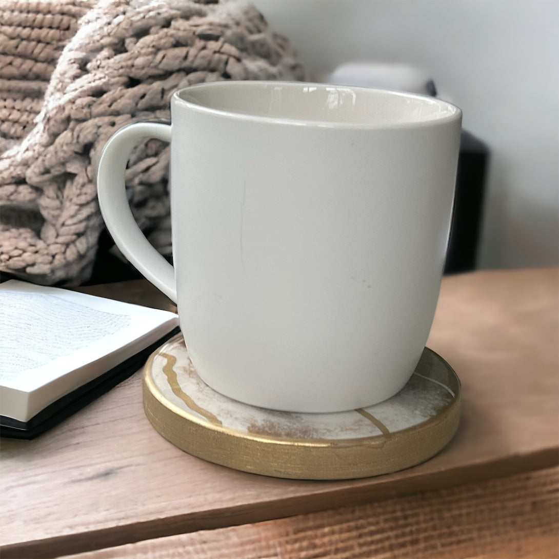 Round Coaster | Gold & Copper in White Resin | Circular wooden base