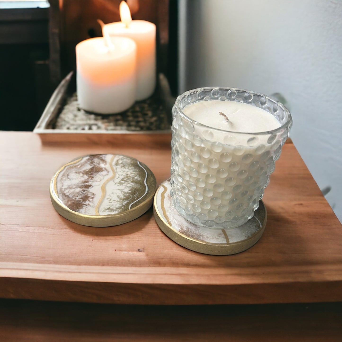 Round Coaster | Gold & Copper in White Resin | Circular wooden base