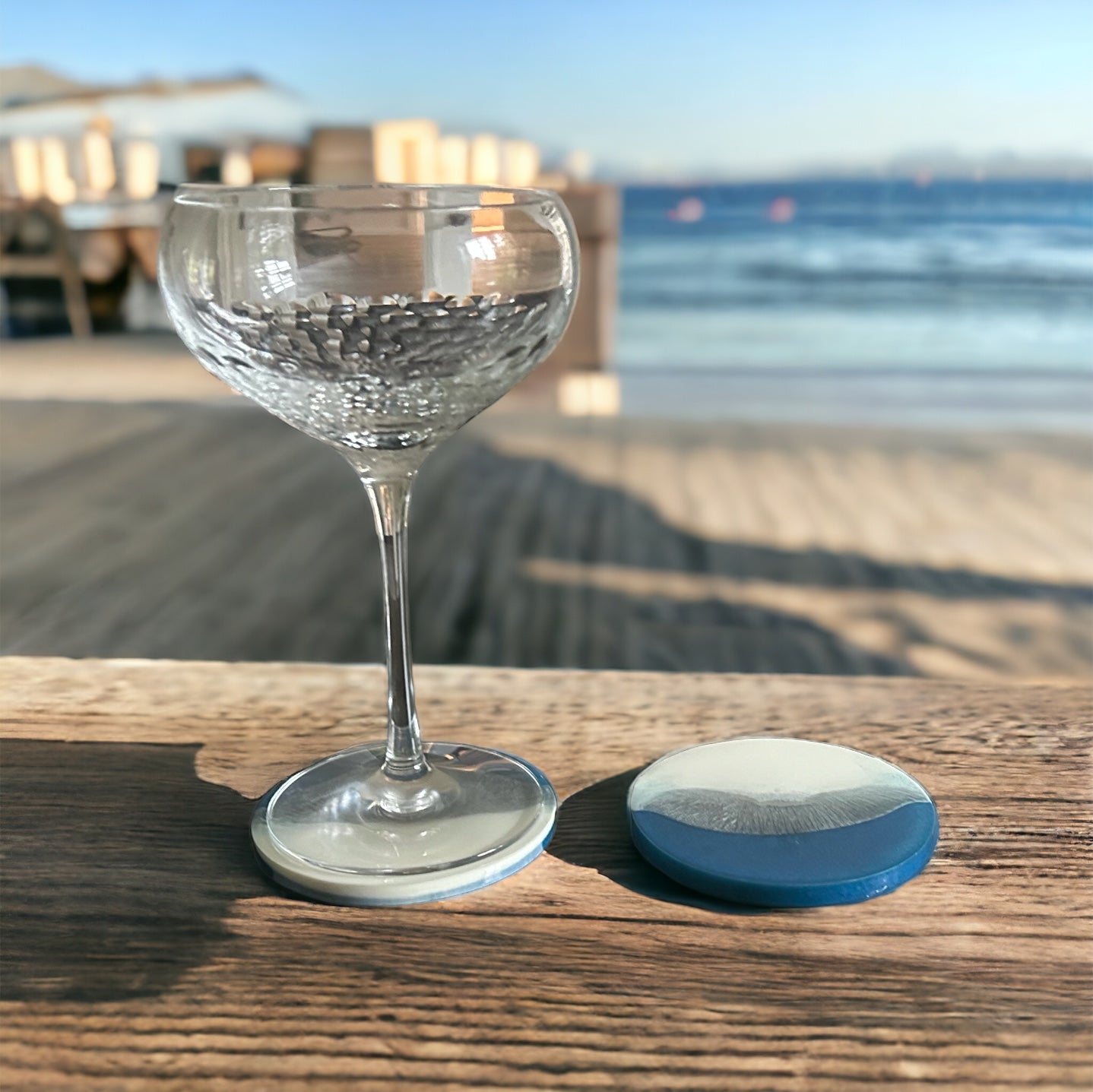 Round Coaster | Blue, White & Silver Resin | Wave design