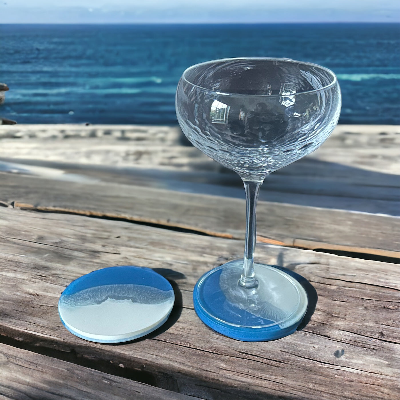 Round Coaster | Blue, White & Silver Resin | Wave design