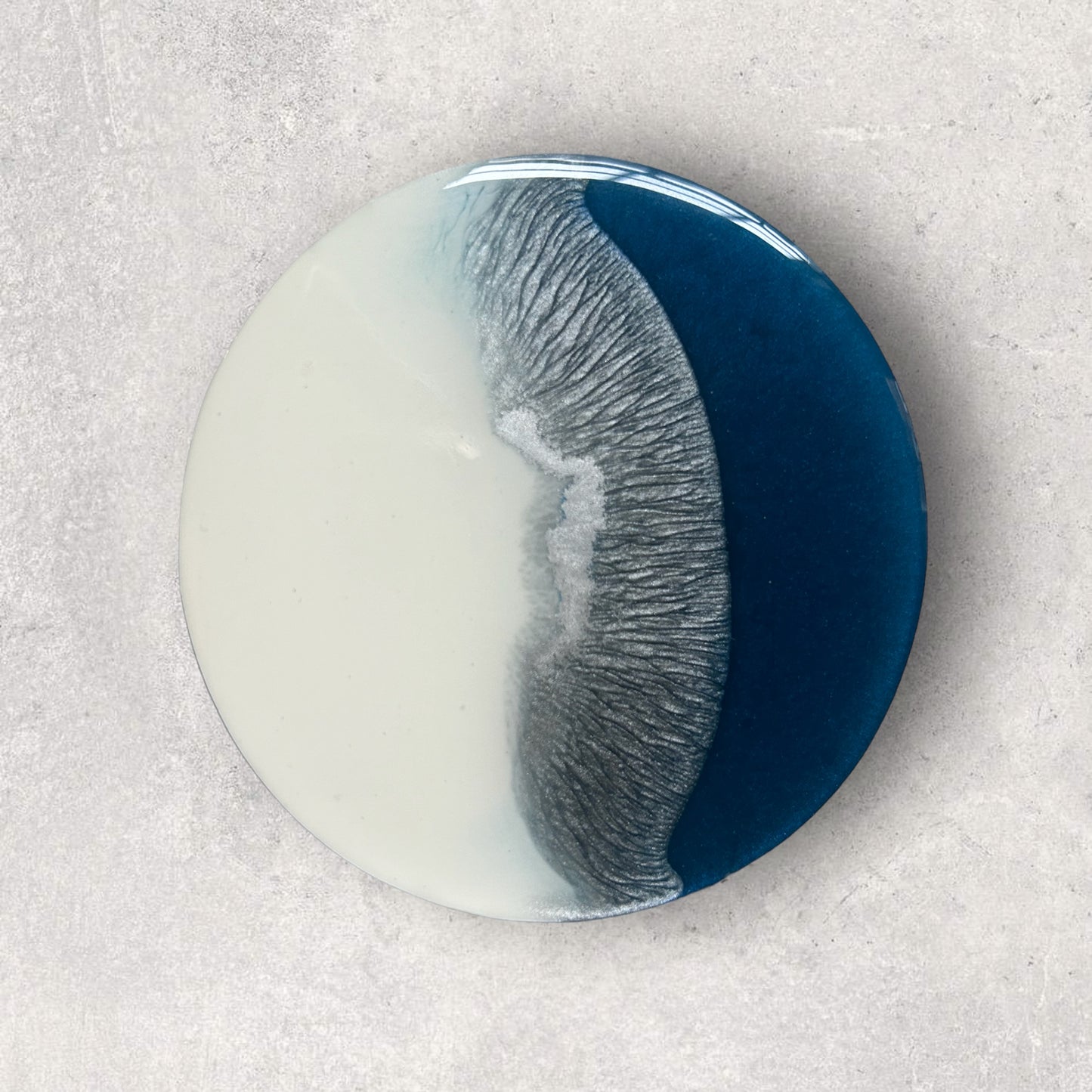 Round Coaster | Blue, White & Silver Resin | Wave design