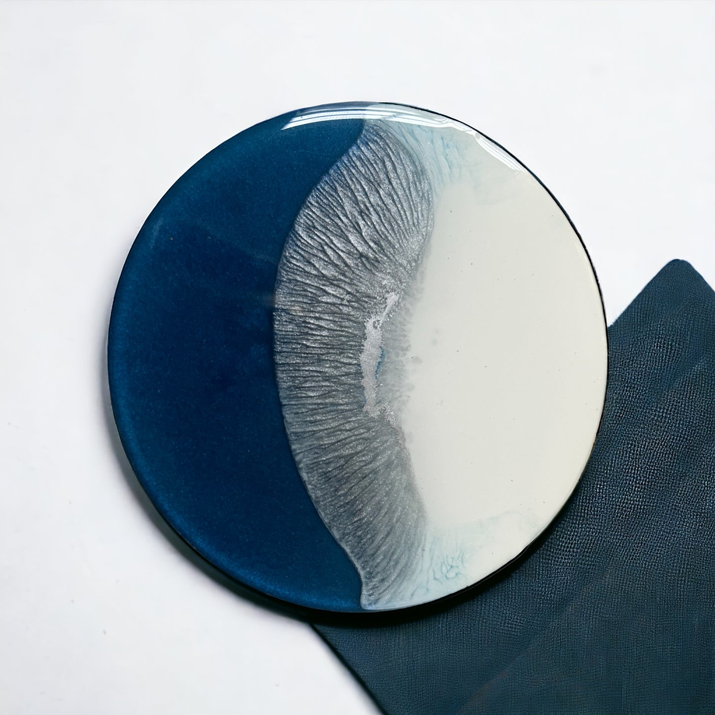 Round Coaster | Blue, White & Silver Resin | Wave design