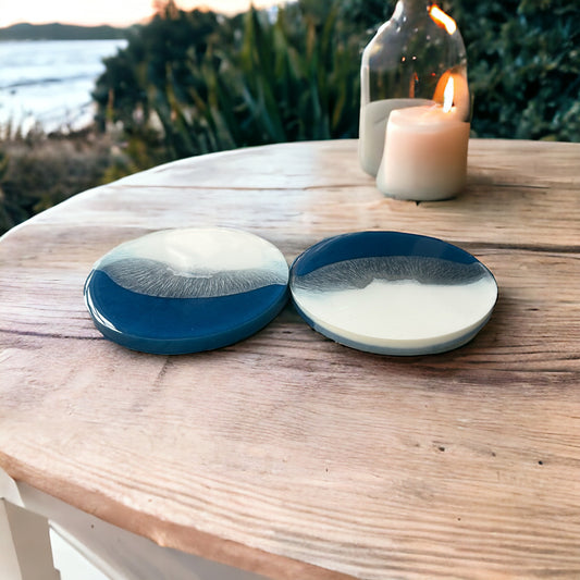 Round Coaster | Blue, White & Silver Resin | Wave design