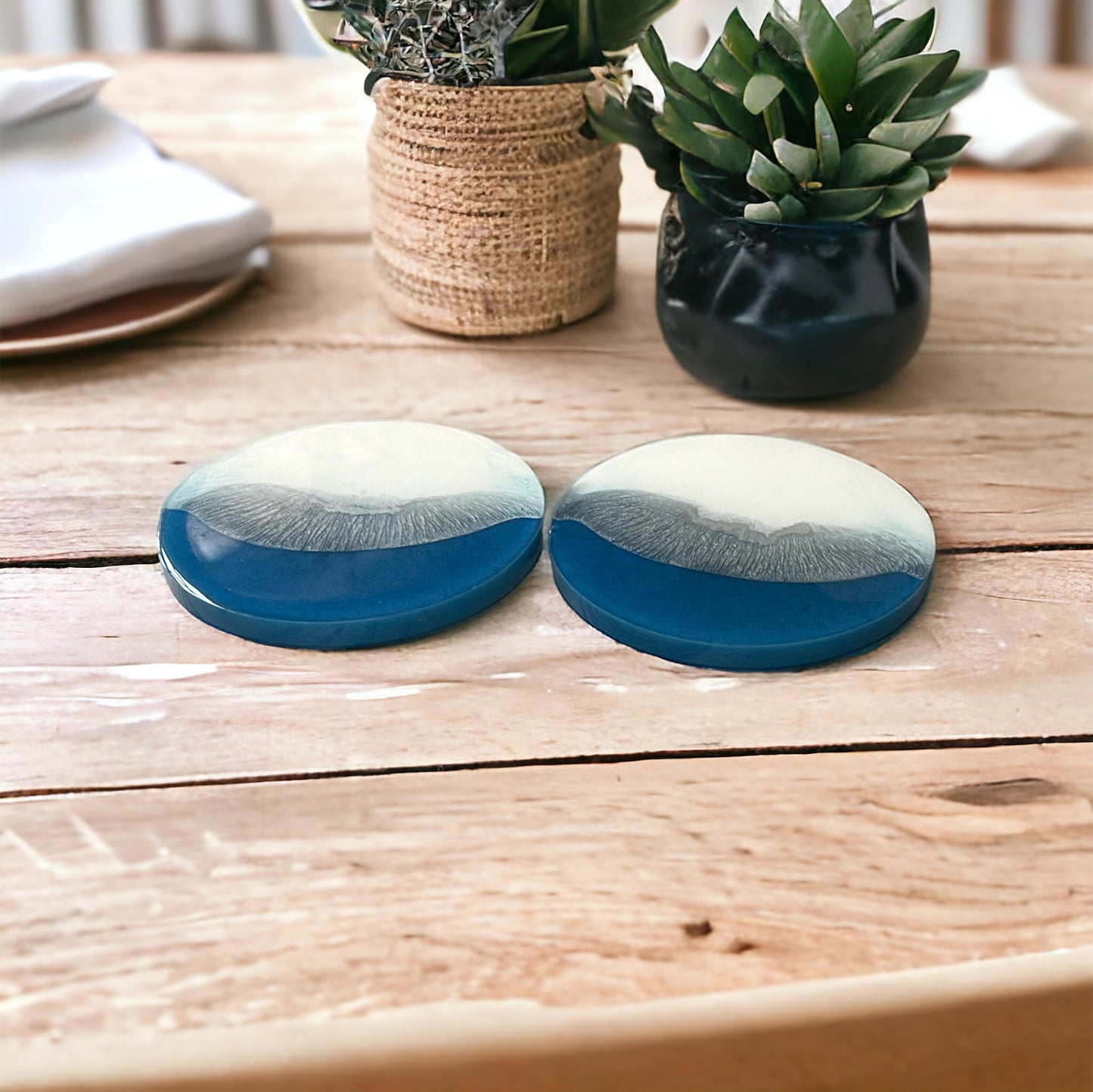 Round Coaster | Blue, White & Silver Resin | Wave design