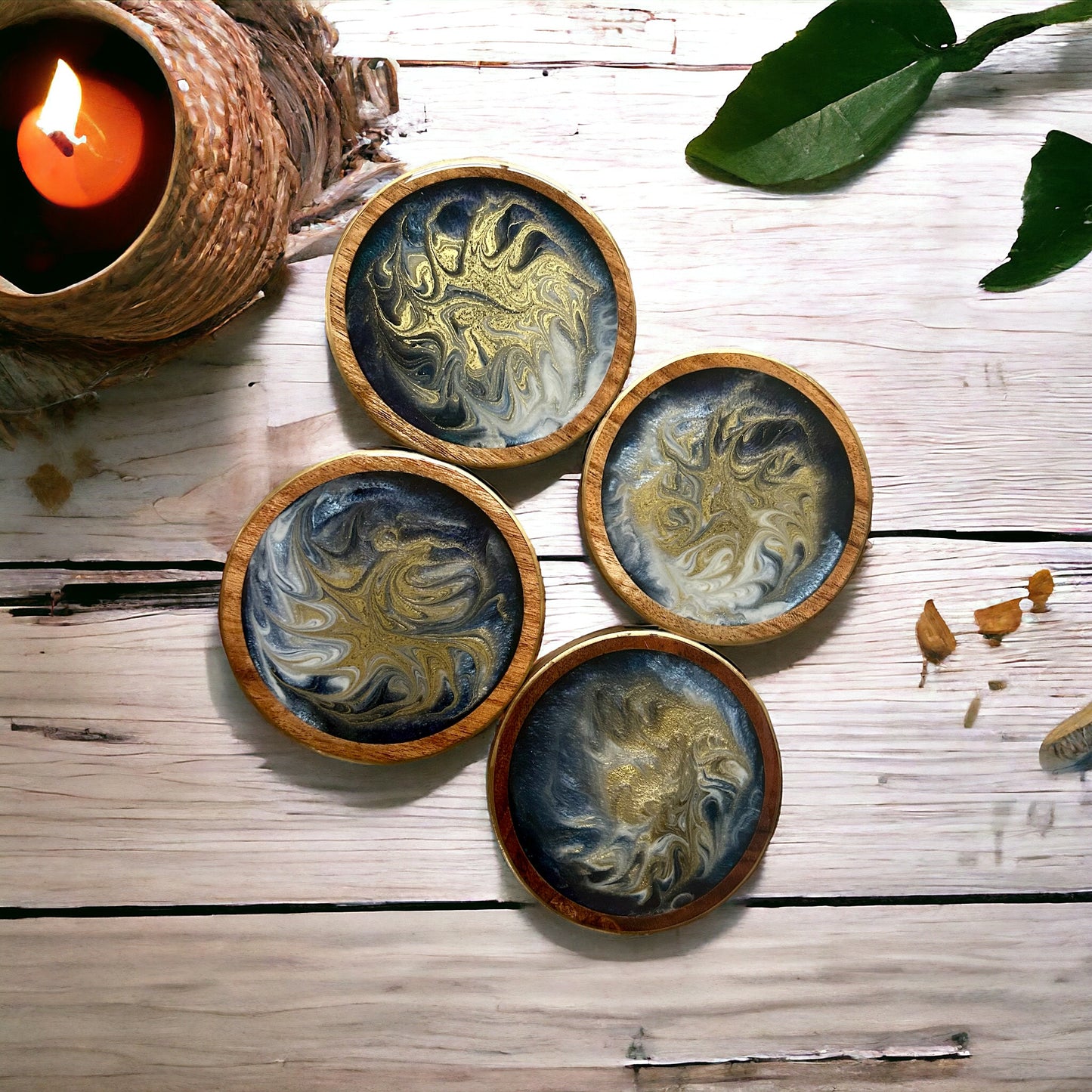 Round Coaster | Gold & Blue Swirl Resin | Wooden base