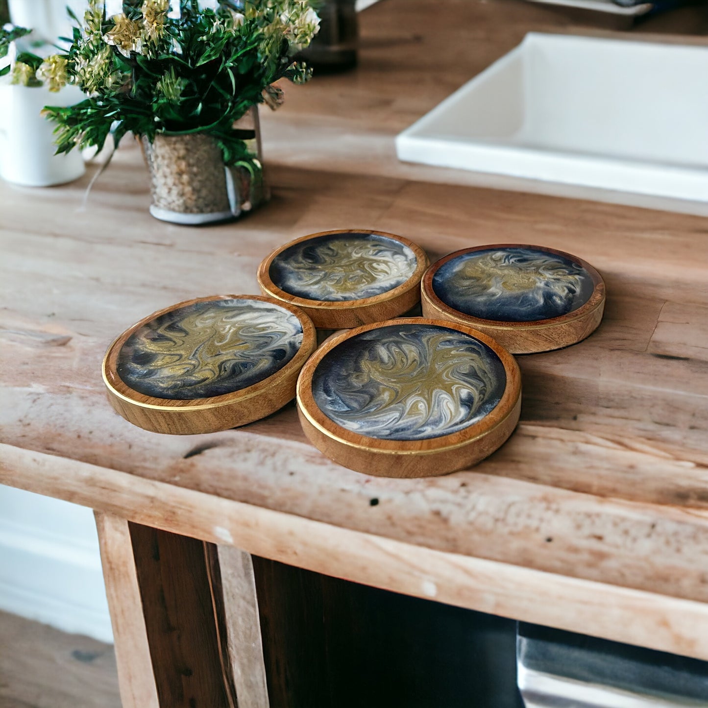 Round Coaster | Gold & Blue Swirl Resin | Wooden base