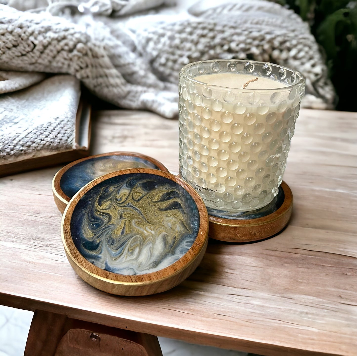 Round Coaster | Gold & Blue Swirl Resin | Wooden base