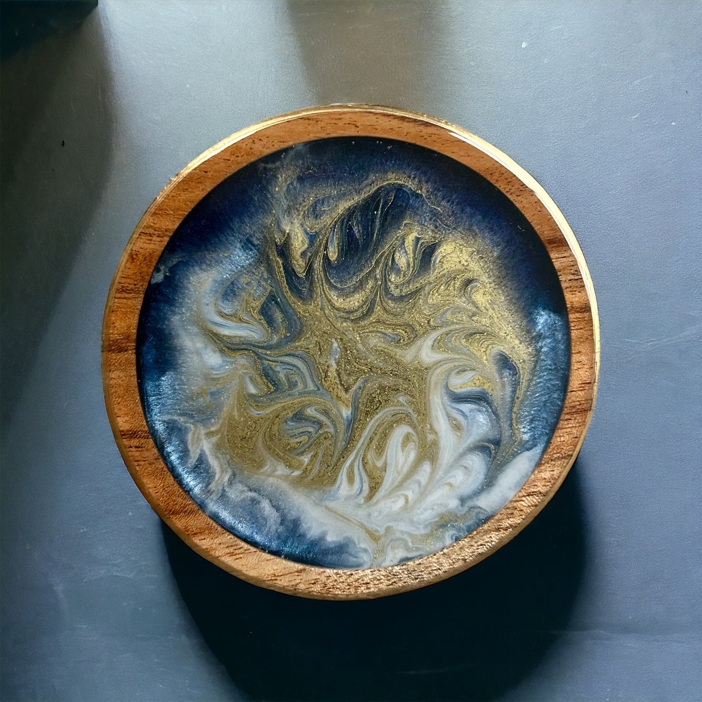 Round Coaster | Gold & Blue Swirl Resin | Wooden base