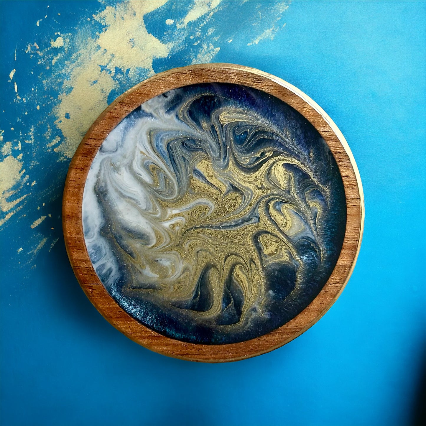 Round Coaster | Gold & Blue Swirl Resin | Wooden base