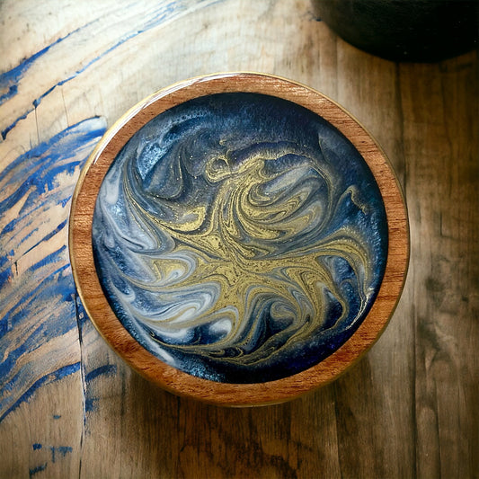 Round Coaster | Gold & Blue Swirl Resin | Wooden base