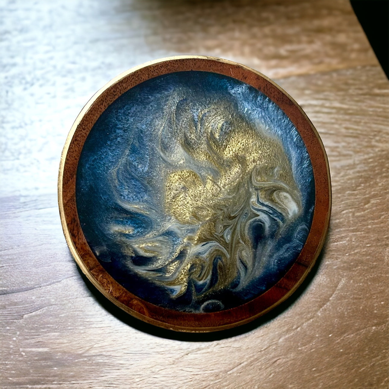 Round Coaster | Gold & Blue Swirl Resin | Wooden base