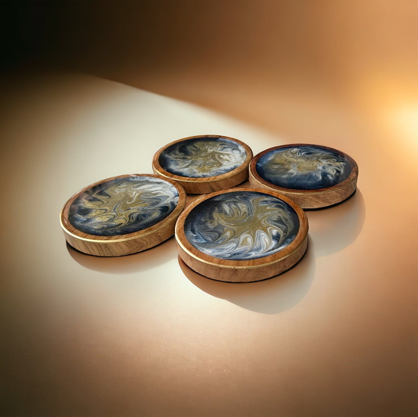 Round Coaster | Gold & Blue Swirl Resin | Wooden base