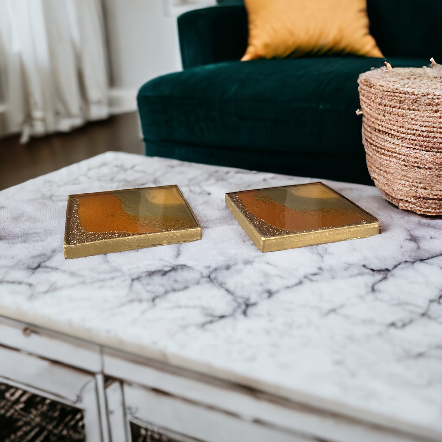 Square Coaster | Burnt orange, Gold & Opal Resin | Corner design