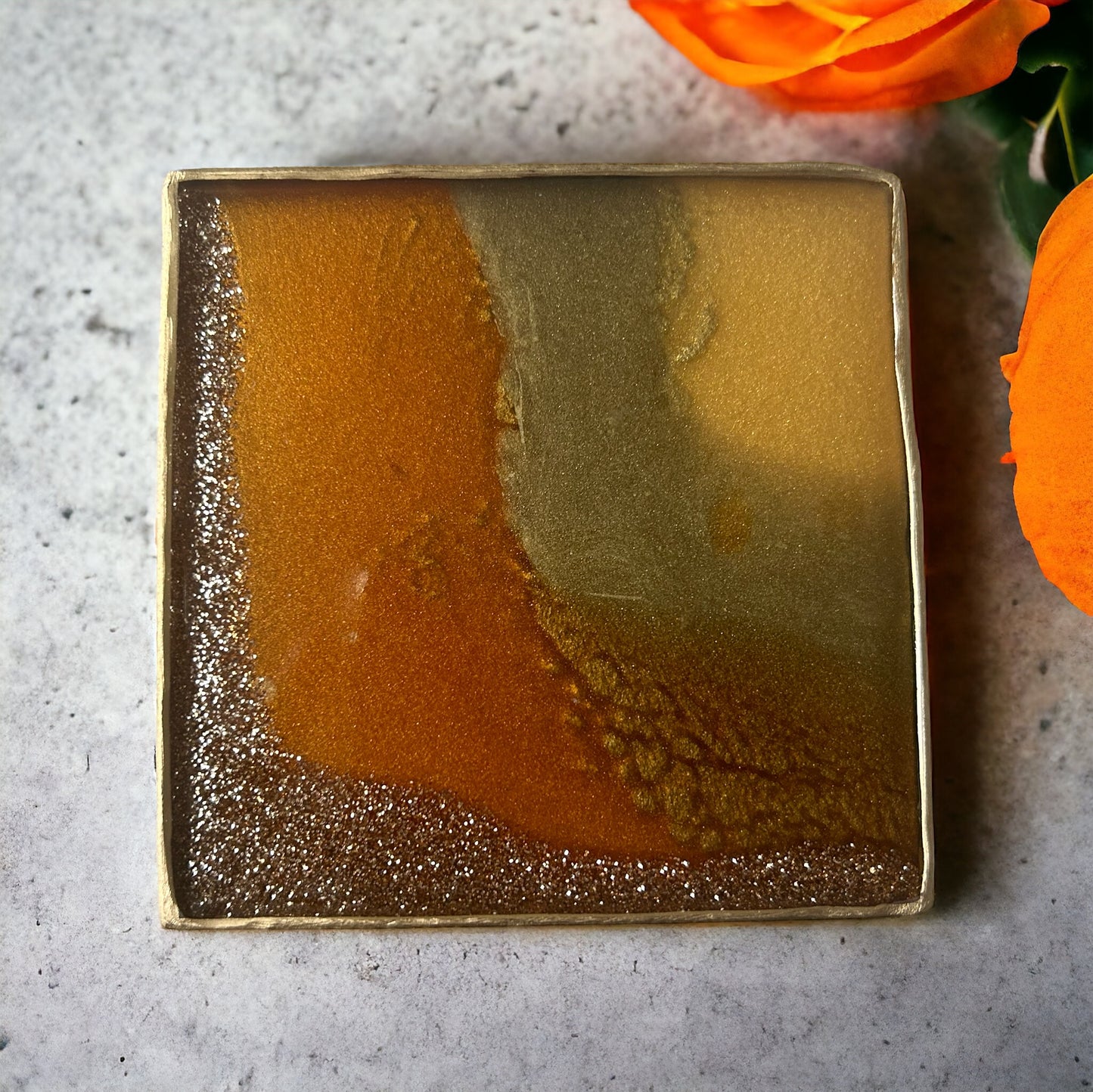 Square Coaster | Burnt orange, Gold & Opal Resin | Corner design