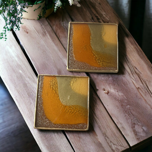 Square Coaster | Burnt orange, Gold & Opal Resin | Corner design