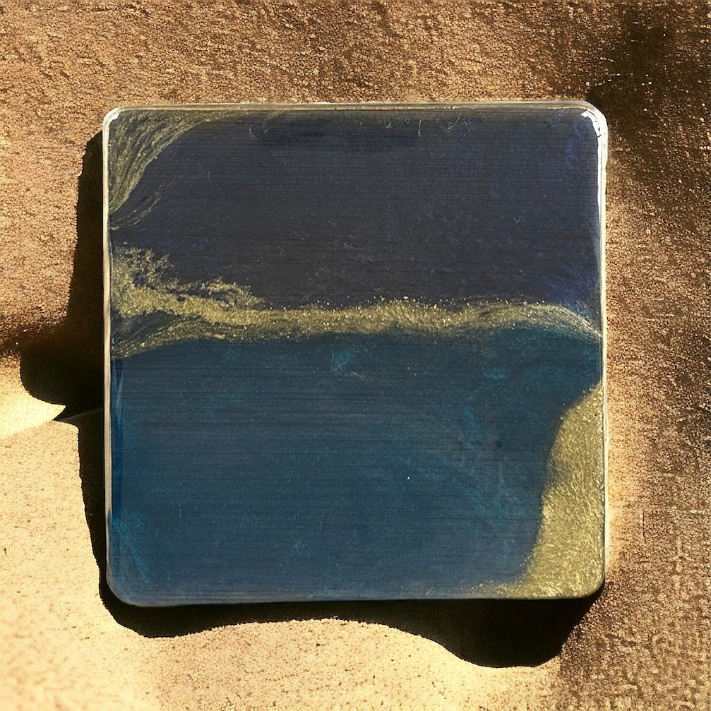 Square Coaster | Turquoise, Sapphire & Gold Resin | on Wood