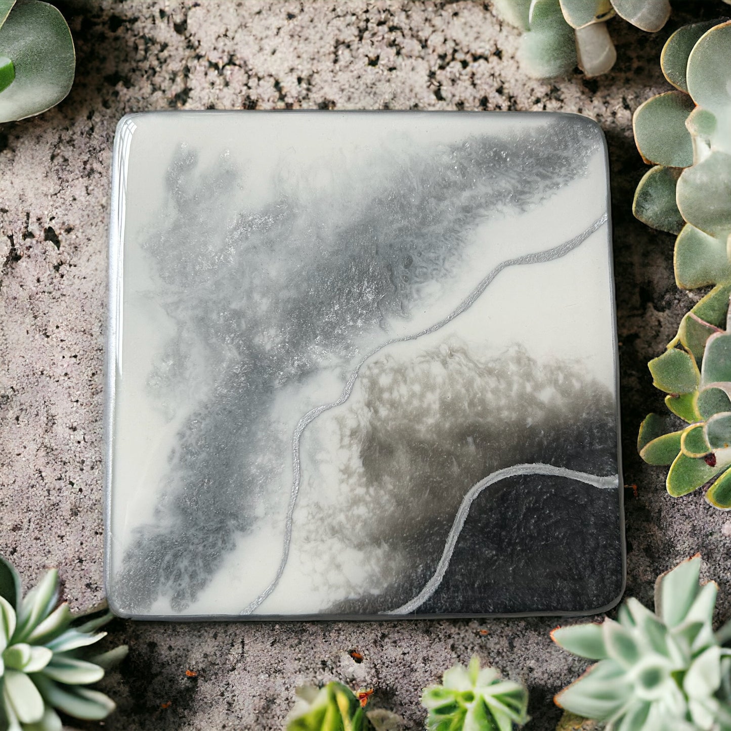 Square Coaster | Silver & White Resin | on wood | Line design