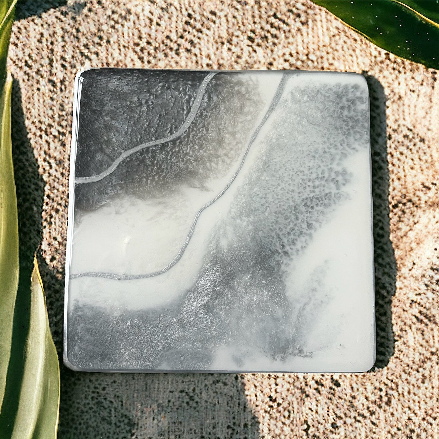 Square Coaster | Silver & White Resin | on wood | Line design