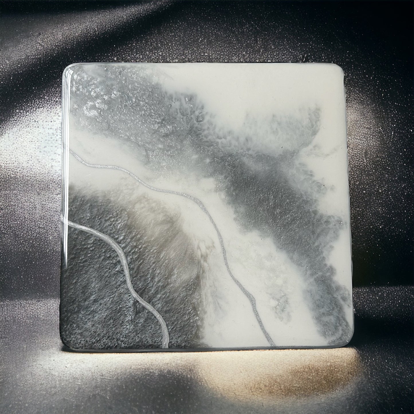 Square Coaster | Silver & White Resin | on wood | Line design