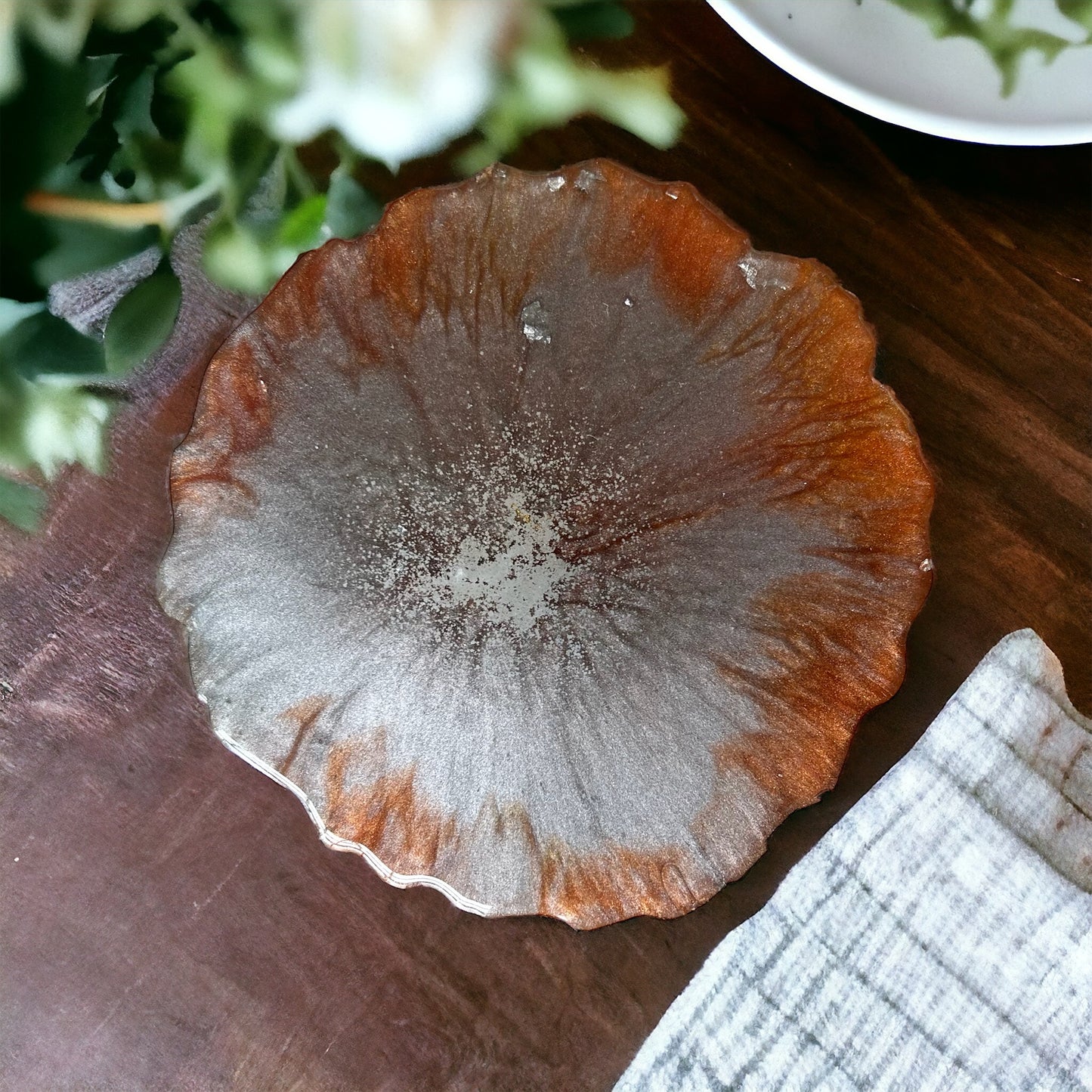 Geode Coaster | Burnt orange & Silver Resin | Spark design