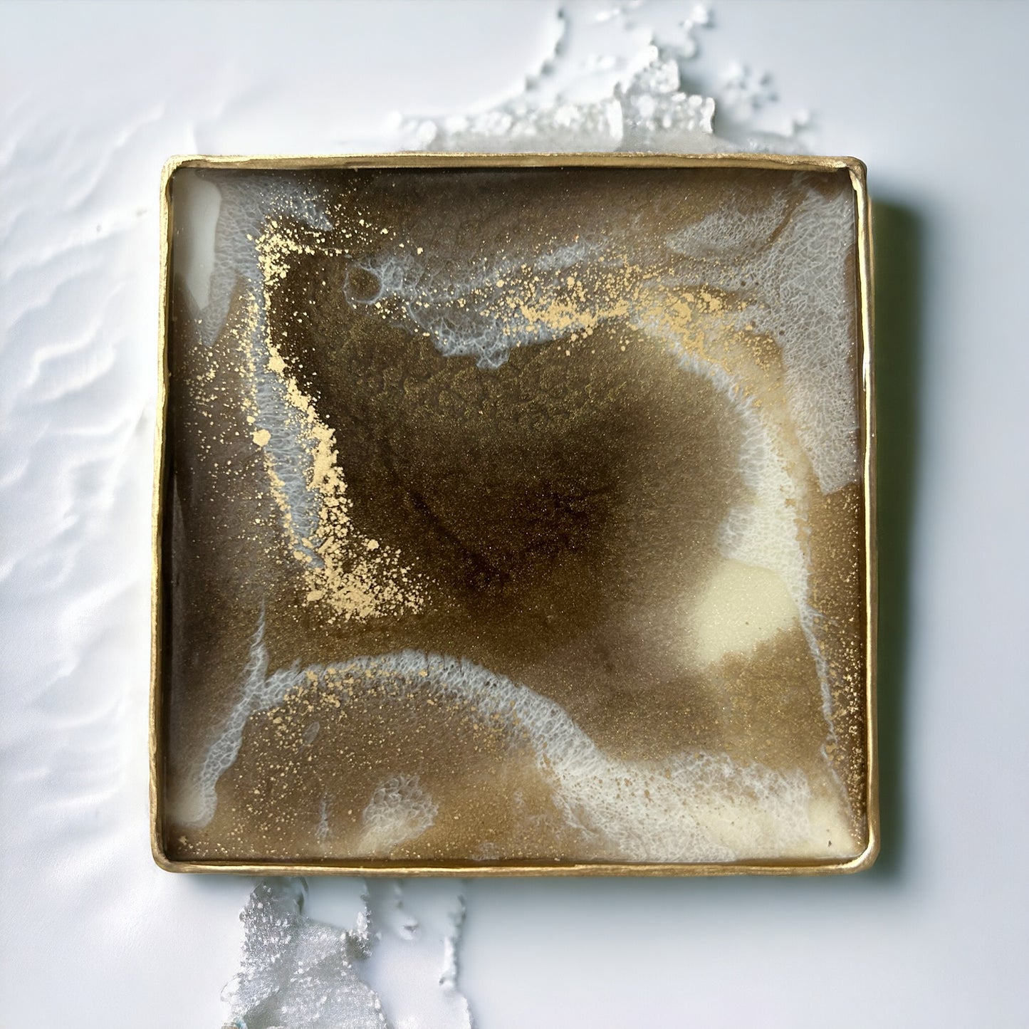 Square Coaster | Gold & Cream Resin | Swirl design