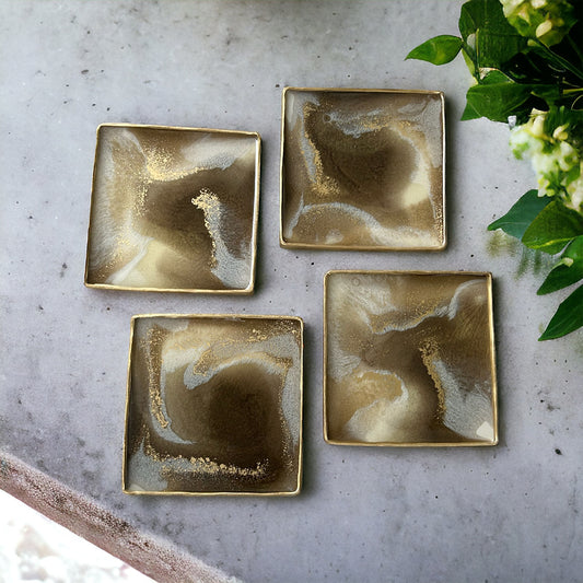 Square Coaster | Gold & Cream Resin | Swirl design