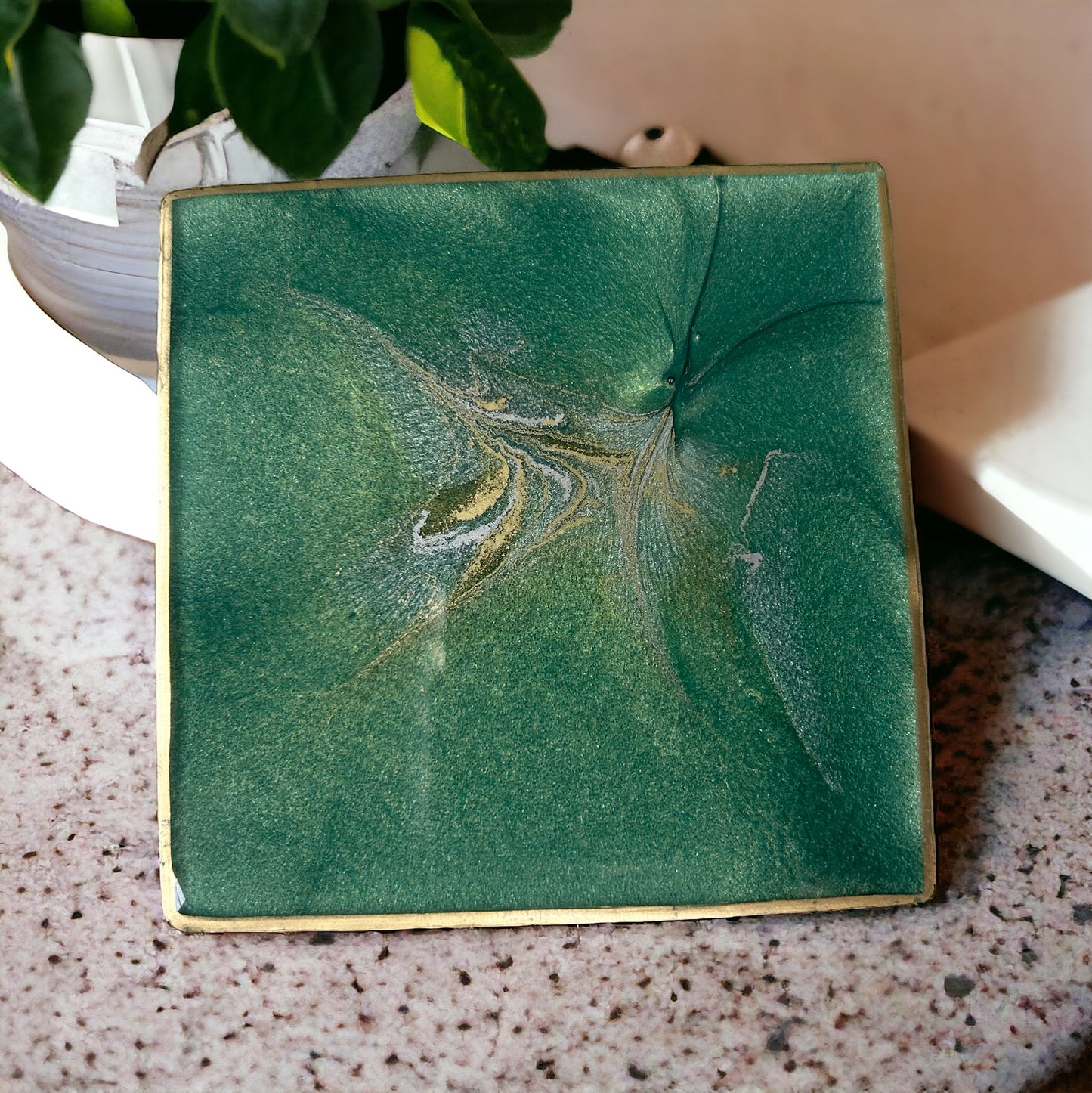 Square Coaster | Green & Gold Resin | Spark design