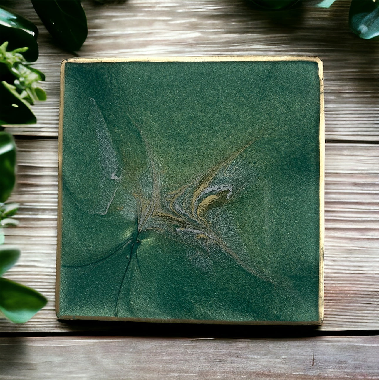 Square Coaster | Green & Gold Resin | Spark design