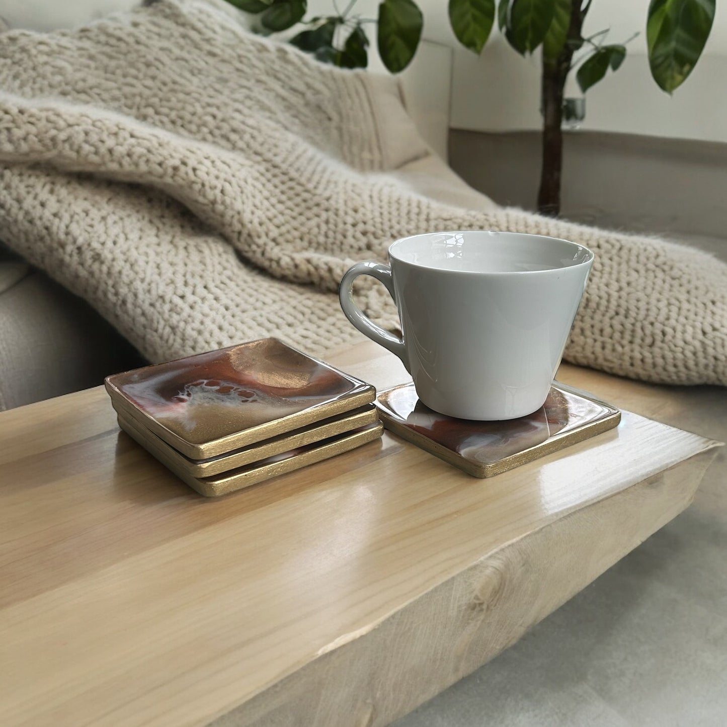 Square Coaster | Gold, Copper & White Resin | on wood | Marble design