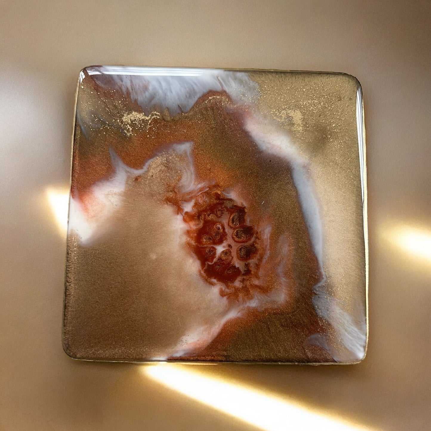 Square Coaster | Gold, Copper & White Resin | on wood | Marble design