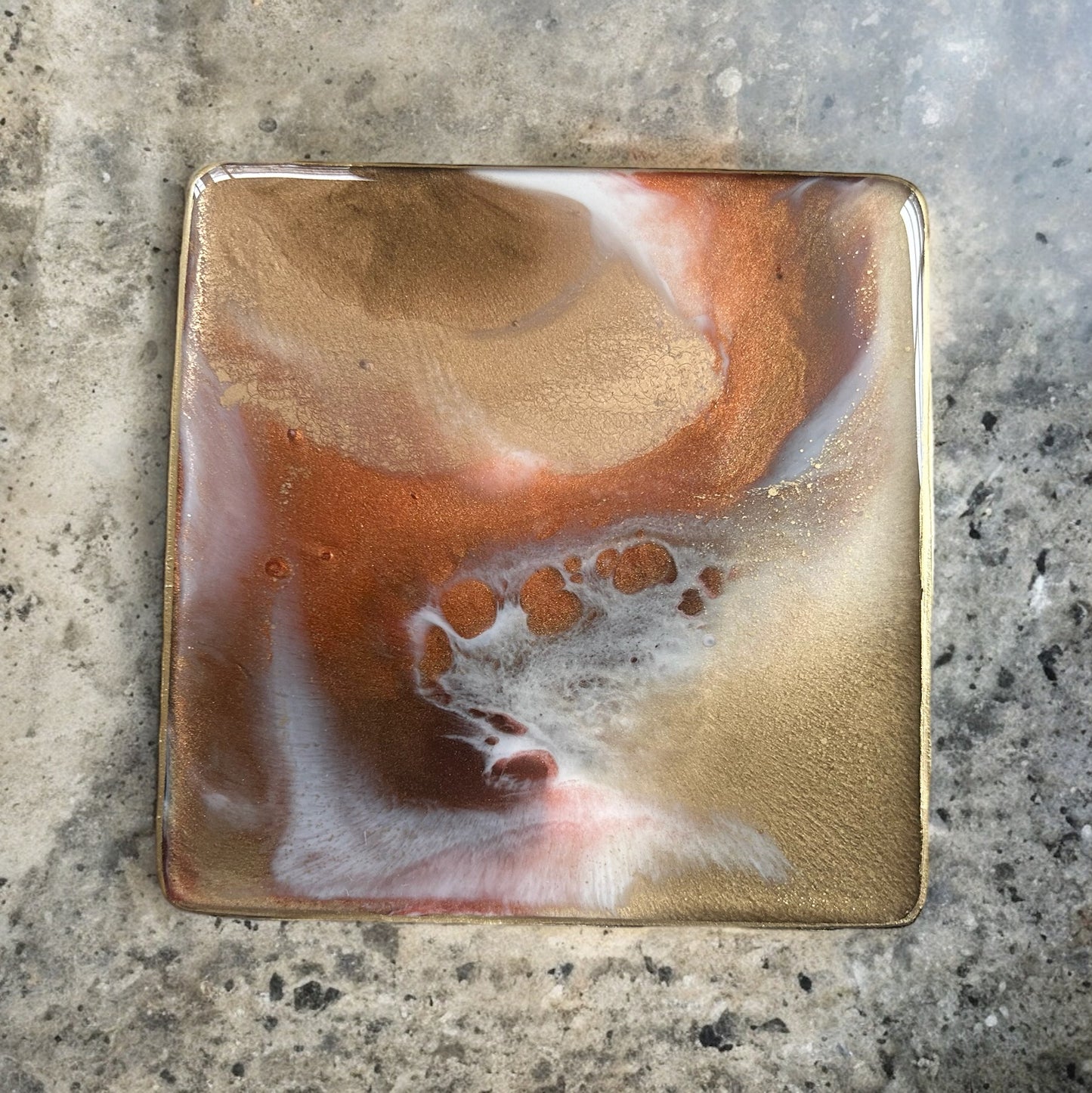 Square Coaster | Gold, Copper & White Resin | on wood | Marble design