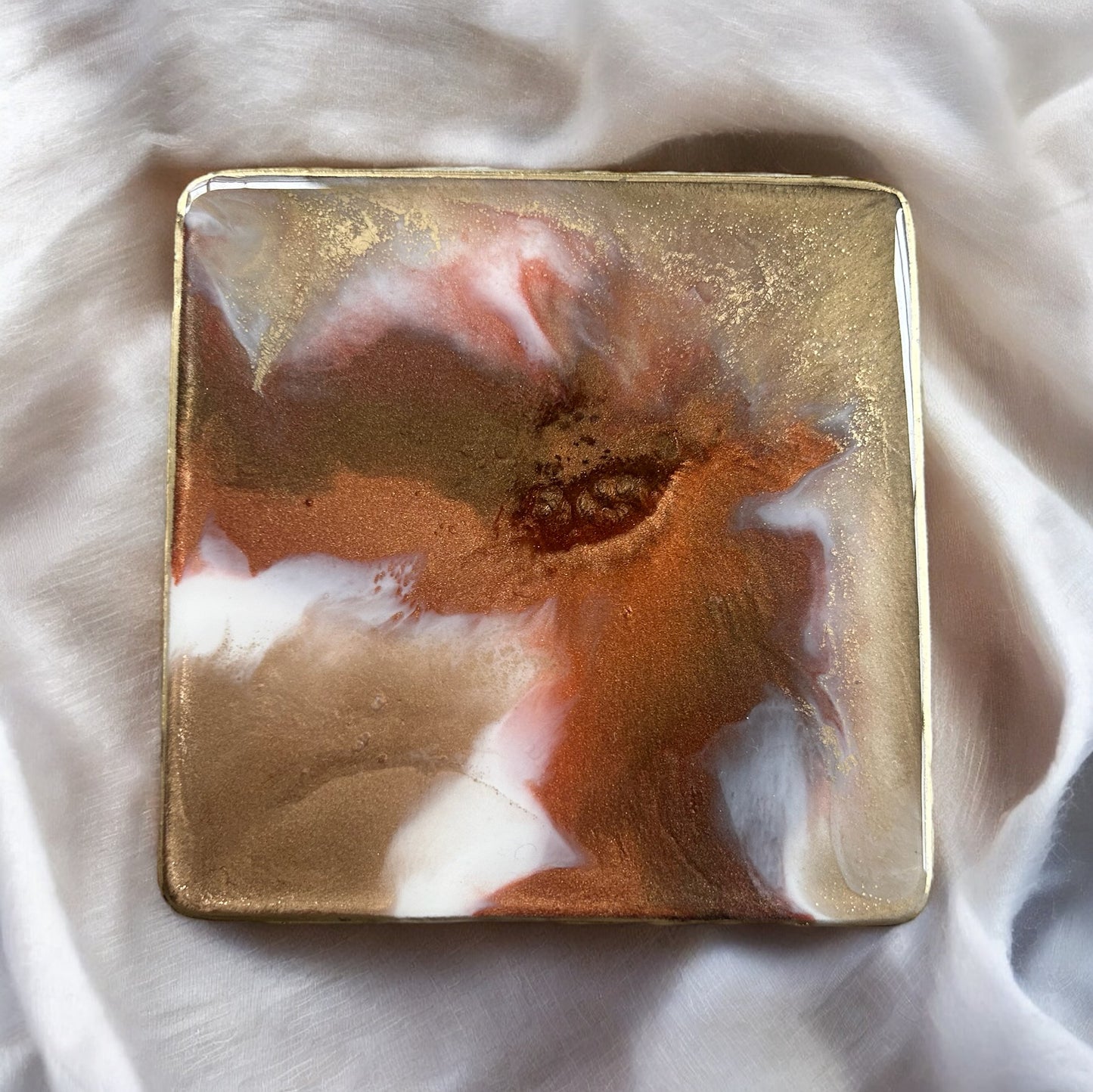 Square Coaster | Gold, Copper & White Resin | on wood | Marble design