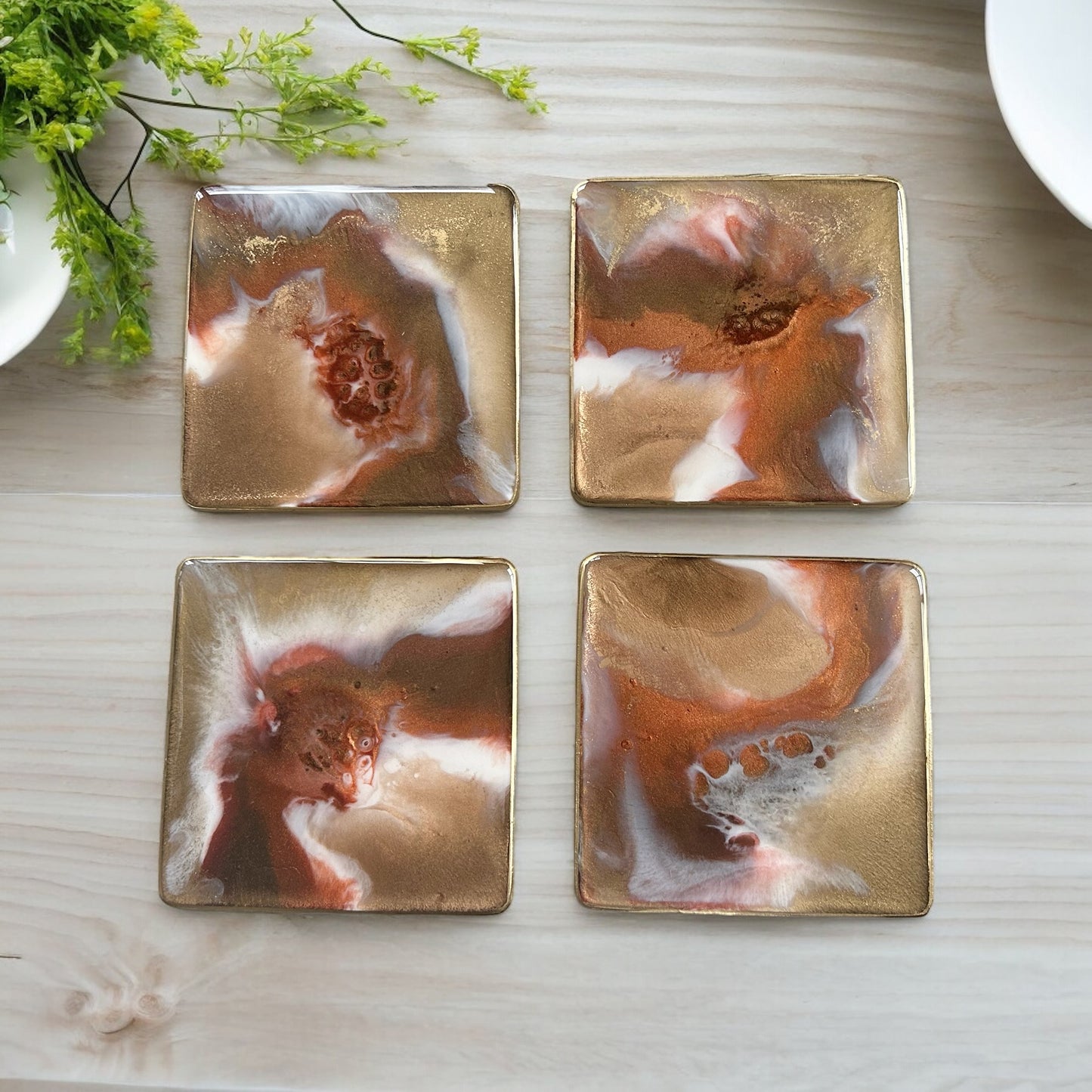 Square Coaster | Gold, Copper & White Resin | on wood | Marble design