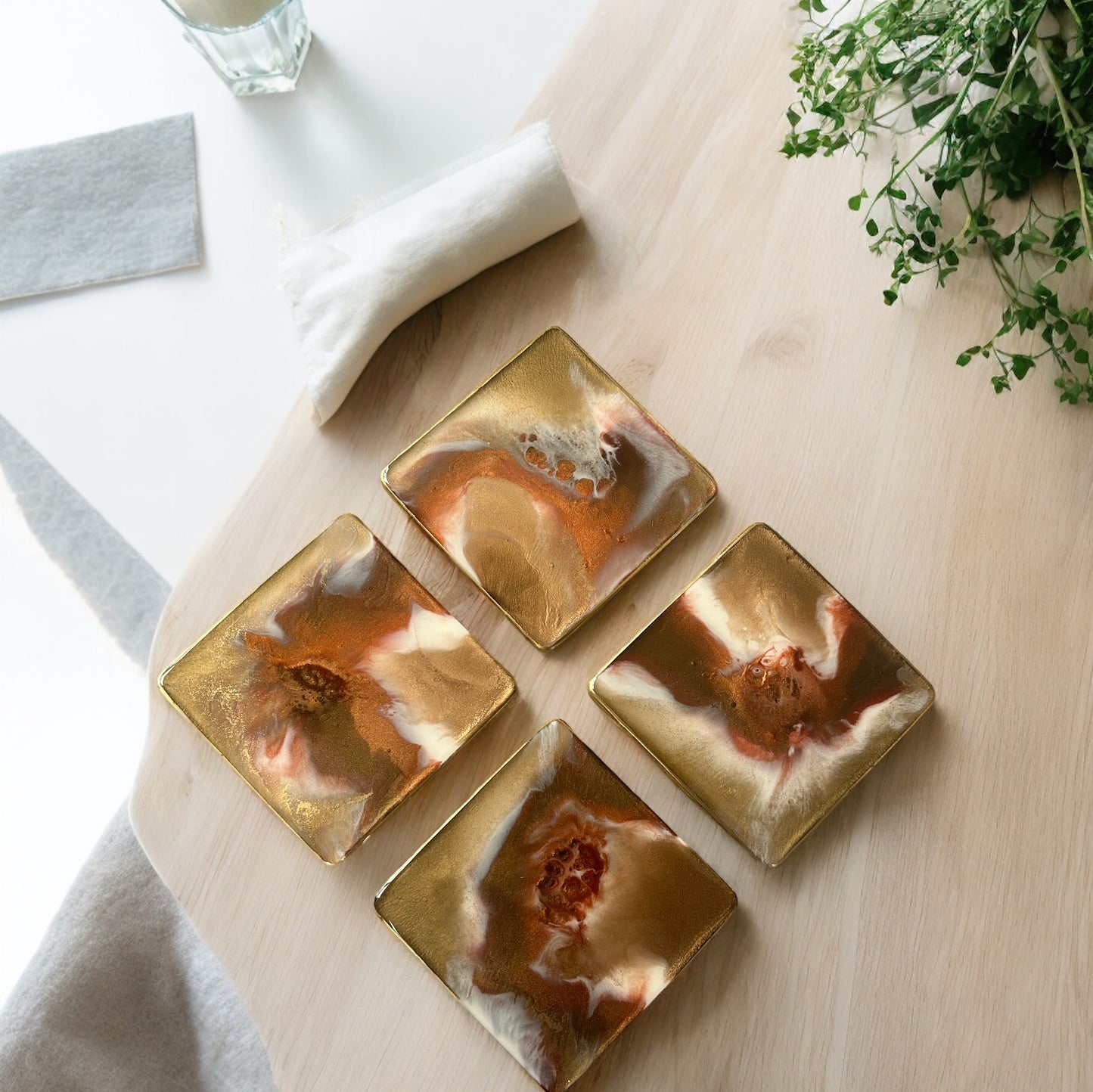 Square Coaster | Gold, Copper & White Resin | on wood | Marble design