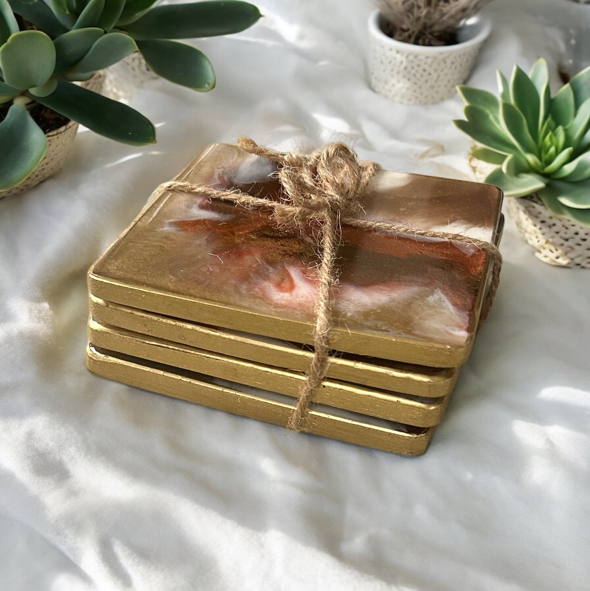 Square Coaster | Gold, Copper & White Resin | on wood | Marble design