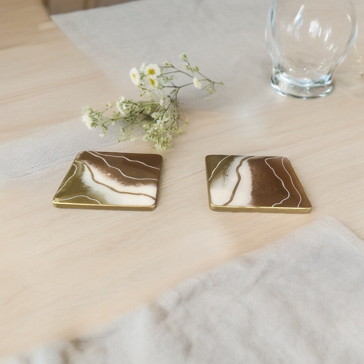 Square Coaster | Gold, Copper & White Resin | on wood | Line design