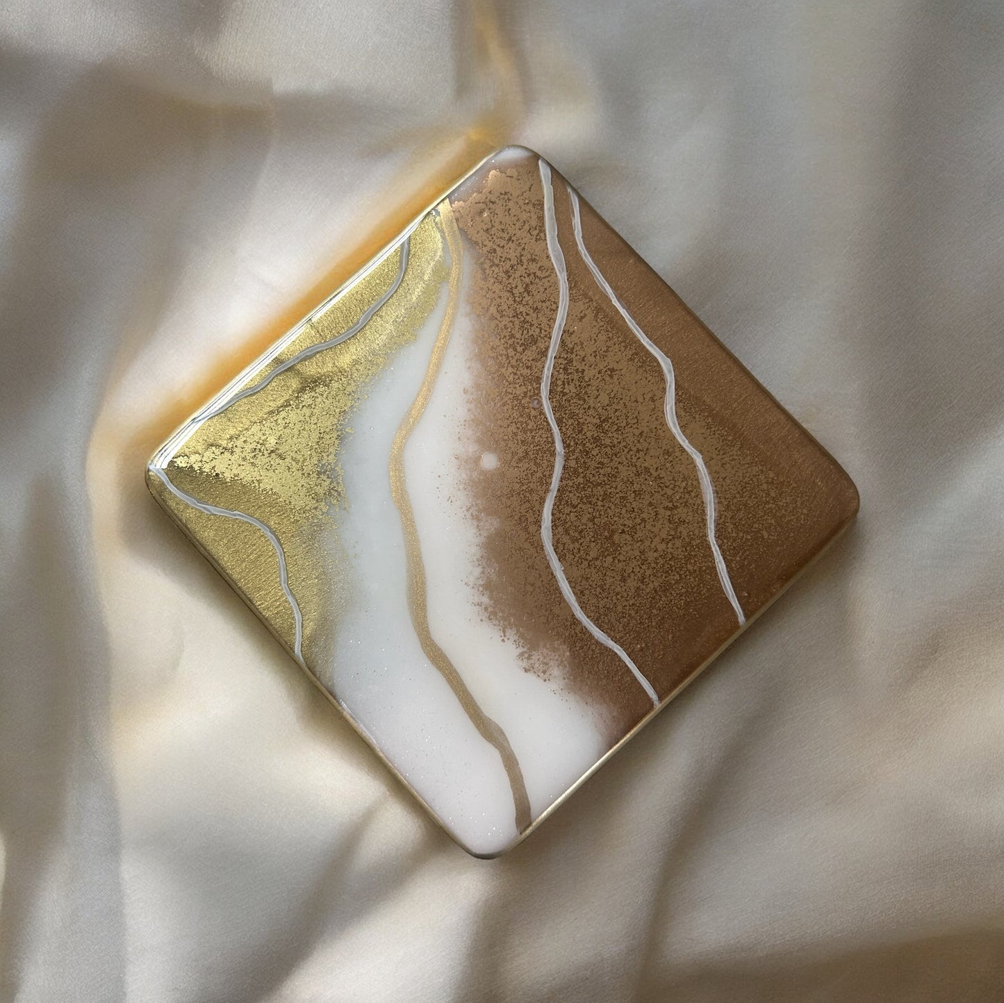 Square Coaster | Gold, Copper & White Resin | on wood | Line design