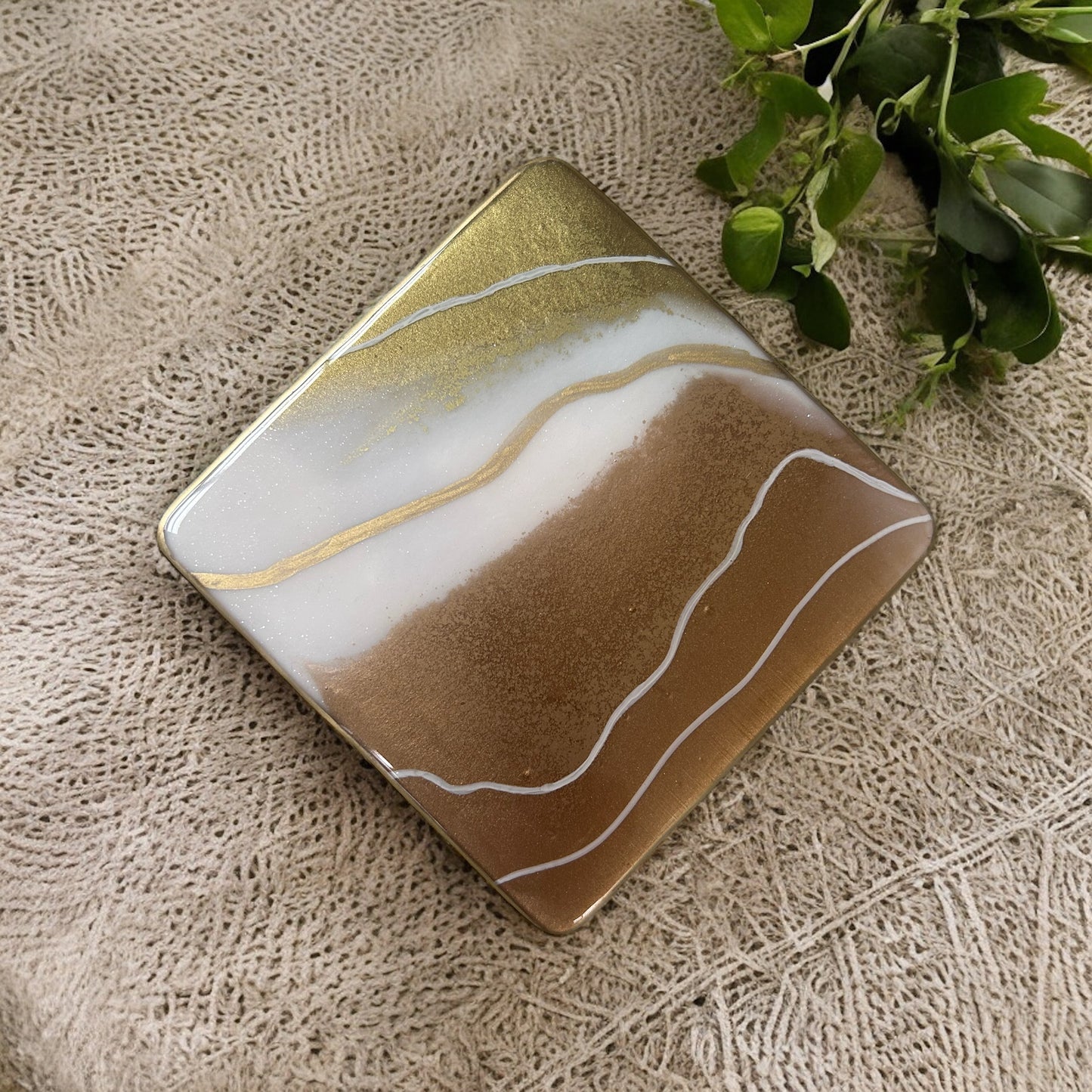 Square Coaster | Gold, Copper & White Resin | on wood | Line design