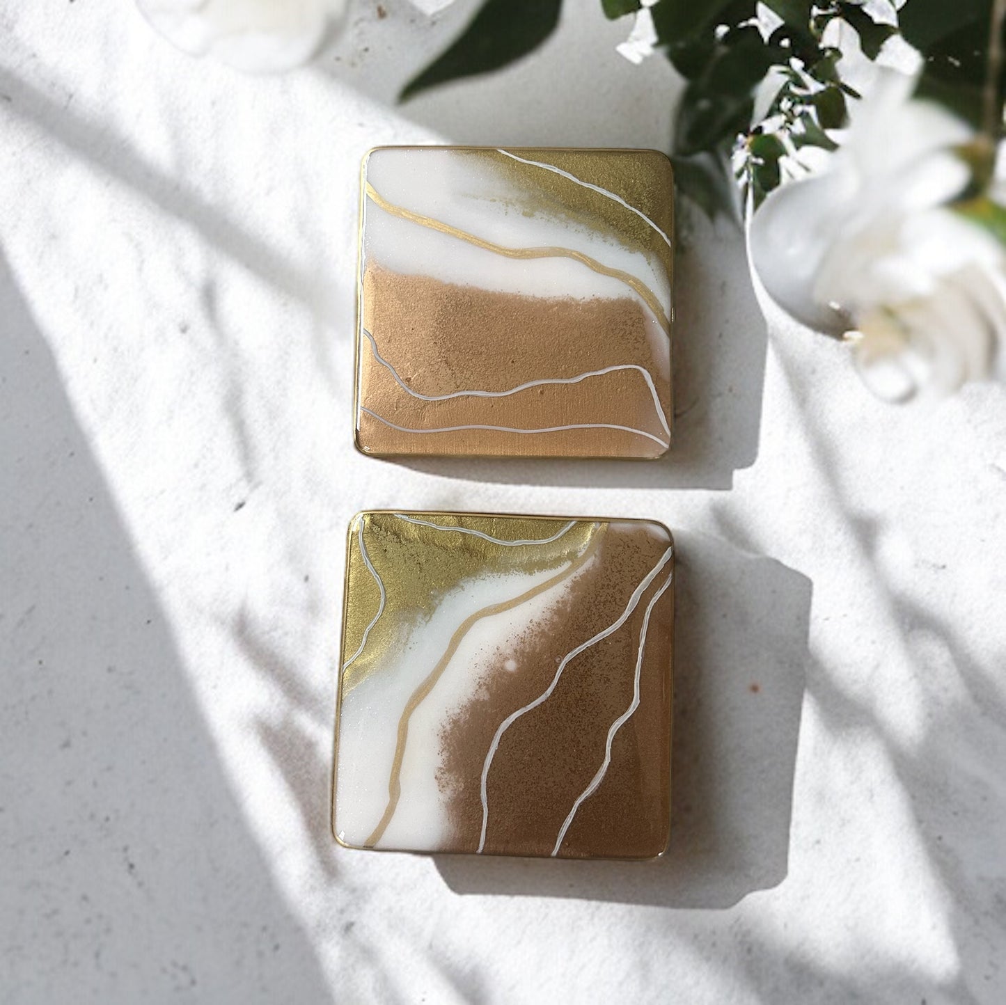 Square Coaster | Gold, Copper & White Resin | on wood | Line design